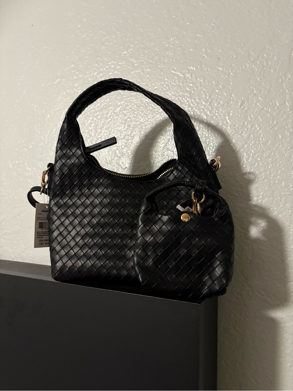 Black Woven Shoulder Bag with Detachable Pouch